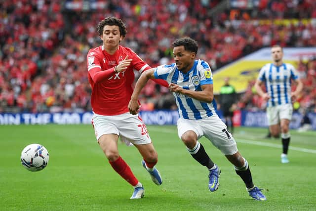 Huddersfield Town's Duane Holmes battles for posession with Nottingham Forest's Brennan Johnson during the Championship Play-Off Final at Wembley Stadium Picture: Mike Hewitt/Getty Images