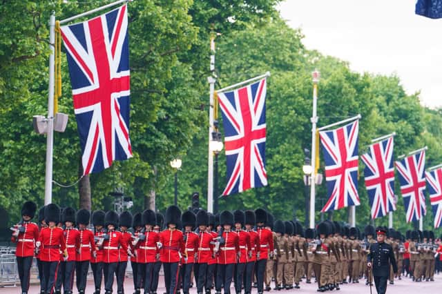 Troops march on The Mall  ahead of Sunday's Platinum Jubilee Pageant