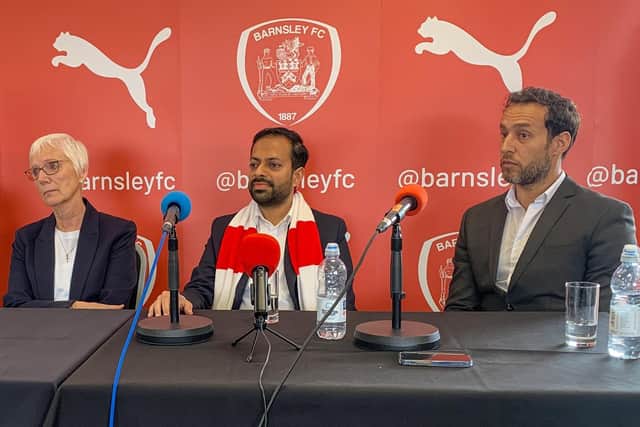 NEW LOOK BOARD: Director Jean Cryne, left, chairman Neerav Parekh, centre and chief executive Khaled El-Ahmad, right. Picture: Courtesy of Barnsley FC.
