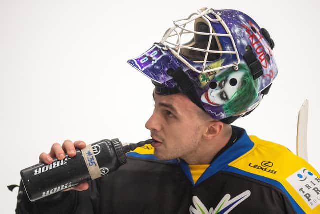 Jordan McLaughlin - the Scottish-born goaltender, pictured during his short spell with Leeds Knights in NIHL National last season Picture Bruce Rollinson