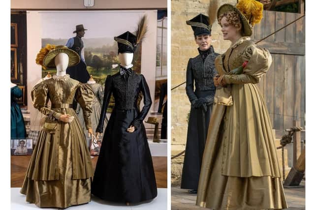 Tom Pye's costumes from the finale of Gentleman Jack. Right: Suranne Jones and Sophie Rundle wearing the costumes dressed as Anne and Ann at the opening of the casino. Bruce Rollinson and Lookout Point/HBO,Aimee Spinks