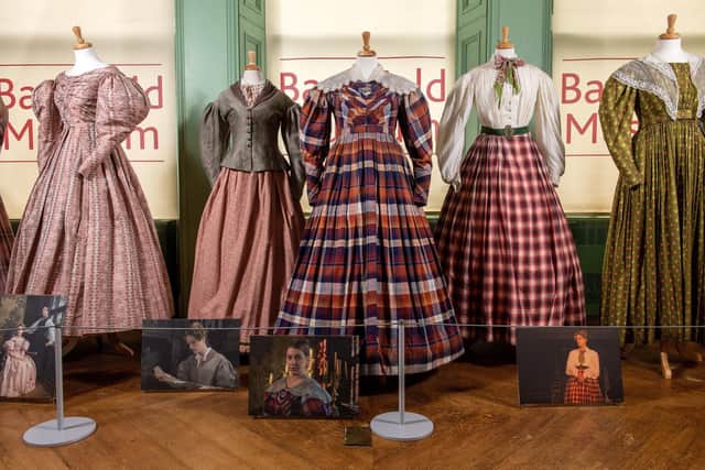 Exhibition of costumes from BBC's Gentleman Jack series 2 at the Bankfield Museum, Halifax. Ann Walker and Marian Lister dresses. Picture Bruce Rollinson