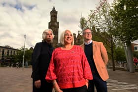 Sir Phil Redmond, Shanaz Gulzar (chair of the culture bird) and Lord Parkinson pictured in City Park, Bradford. Picture: Simon Hulme.
