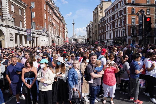 Crowds near Trafalgar Square ahead of the Trooping the Colour ceremony at Horse Guards Parade, central London, as the Queen celebrates her official birthday, on day one of the Platinum Jubilee celebrations.
