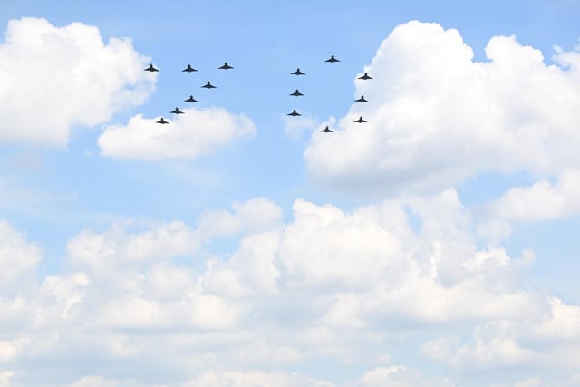 The aircraft flew in a 70 formation to mark the 70th year of the Queen's reign