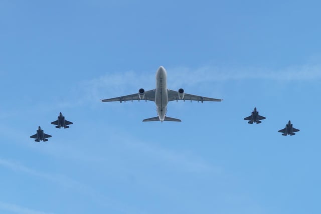 Military aircraft during a special flypast following the Trooping the Colour ceremony at Horse Guards Parade