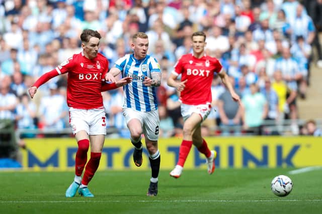 GOING UP? Huddersfield Town's Lewis O'Brien in action against Nottingham Forest last Sunday at Wembley Picture: William Early/Getty Images