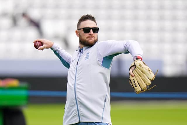 PITCHING IN: New England men's Test coach Brendon McCullum practices with his players yesterday at Lord's. Picture: Adam Davy/PA Wire.
