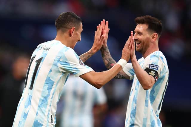 VICTORS: Angel Di Maria and Lionel Messi celebrate an Argentina goal at Wembley on Wednesday night. Picture: Getty Images.