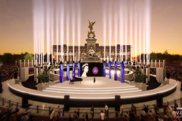 Undated BBC handout artist impression of the stage outside Buckingham Palace for the Platinum Party at the Palace which will be shown live on BBC One as part of the Queen's Platinum Jubilee celebration.