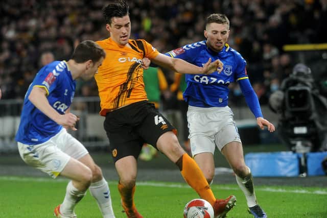 Hull City's Jacob Greaves breaks through the Everton defence in the FA Cup earlier this season (Picture: Simon Hulme)