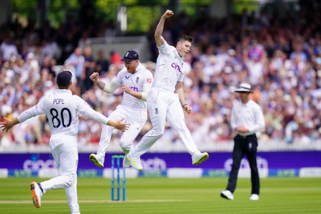 GOT HIM: England's Matthew Potts celebrates taking the wicket of New Zealand's Kane Williamson during day one of the first Test match betwee the two this summer at Lord's Picture: Adam Davy/PA