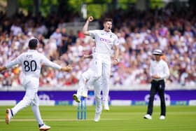 Sweetest moment: England's Matthew Potts celebrates taking the wicket of New Zealand's Kane Williamson - his first in Test cricket. Picture: Adam Davy/PA Wire.