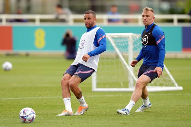Yorkshire connection: England's former Sheffield United full-back Kyle Walker, left, and ex-Hull City wideman Jarrod Bowen, train for England. Picture: Nick Potts/PA Wire.