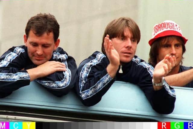 Nearly men: Bryan Robson (left), Craig Hignett (centre) and Clayton Blackmore as Middlesbrough tour the city after their return from defeat by Chelsea in the 1997 FA Cup final. (Picture: John Giles/PA)