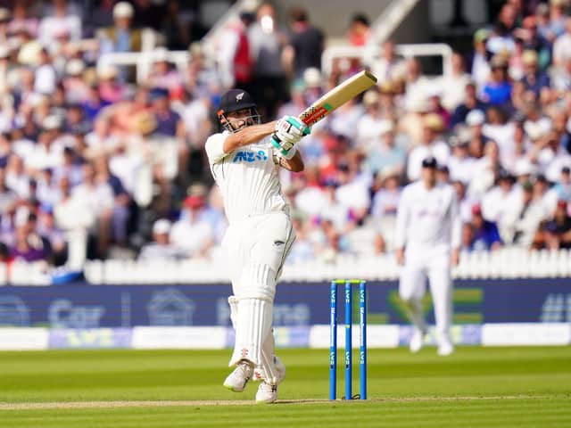Shot: New Zealand's Daryl Mitchell hits a four during his innings of 97 not out at Lord's. Picture: Adam Davy/PA Wire.