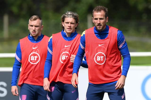 Jarrod Bowen, Conor Gallagher and Harry Kane of England look on during an England training session at St George's Park (Picture: Shaun Botterill/Getty Images)