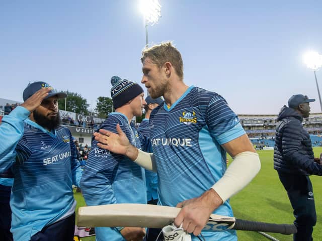 Yorkshire Vikings' Adil Rashid congratulates David Willey on his 75 not out after victory over Durham. (Picture: Allan McKenzie/SWPix.com)