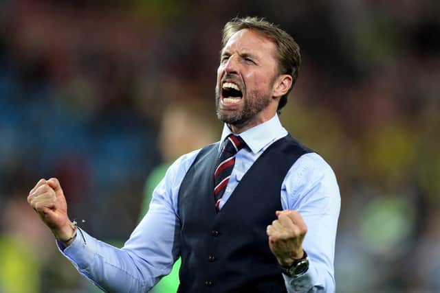 England manager Gareth Southgate celebrating winning the FIFA World Cup 2018, round of 16 match against Colombia at the Spartak Stadium, Moscow. Who and when do they play in 2022? (Picture: PA)