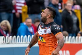 Kenny Edwards celebrates scoring the Tigers second try. before it all went wrong against Wigan Warriors. (Picture: Bruce Rollinson)
