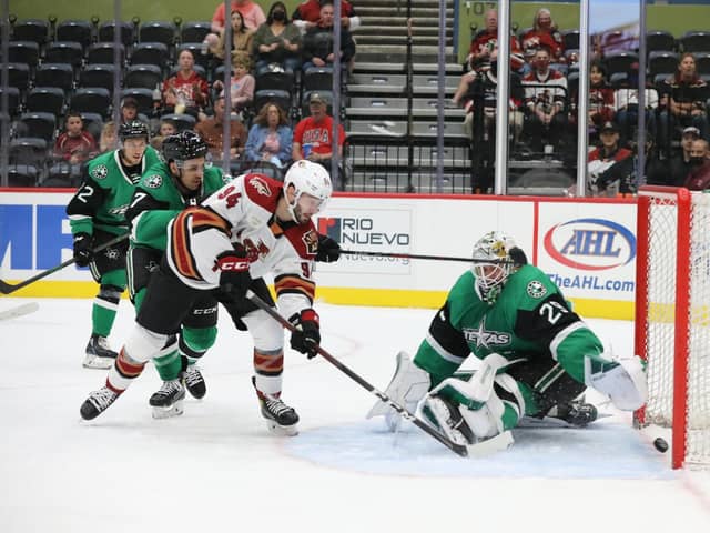 MAGIC MOMENT: Liam Kirk scores his first-ever goal in the AHL for Tucson Roadrunners against Texas. Picture courtesy of Chris Hook/Roadrunners Media.