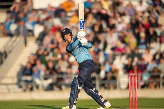 Yorkshire Vikings' Finn Allen powers a six on its way against Durham. He looked the business on debut (Picture: Allan McKenzie/SWPix.com)