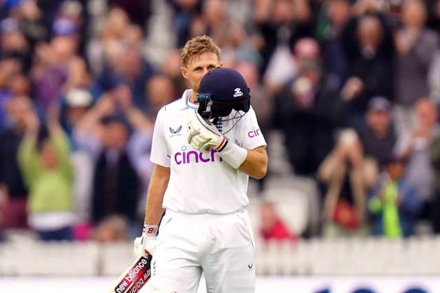 England's Joe Root celebrates reaching his century in the match and 10,000 career Test runs as he bats during day four of the First LV= Insurance Test match at Lord's (Picture: PA)