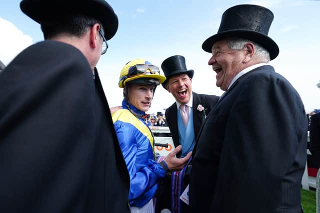 Winning team: Jockey Richard Kingscote and trainer Sir Michael Stoute after winning the Cazoo Derby (In Memory of Lester Piggott) with Desert Crown. Picture: David Davies/PA Wire