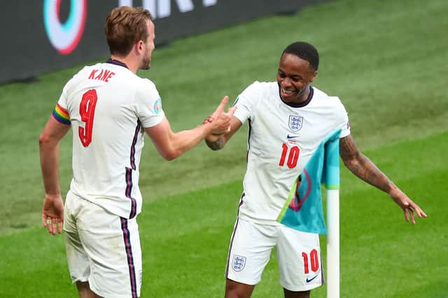 LAST TIME OUT: England beat Germany 2-0 at Wembley at Euro 2020, with Harry Kane and Raheem Sterling claiming both goals. Picture: Getty Images.