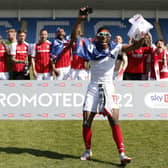 Rotherham United's Chiedozie Ogbene (centre) celebrating promotion to the Championship. Picture: Steven Paston/PA