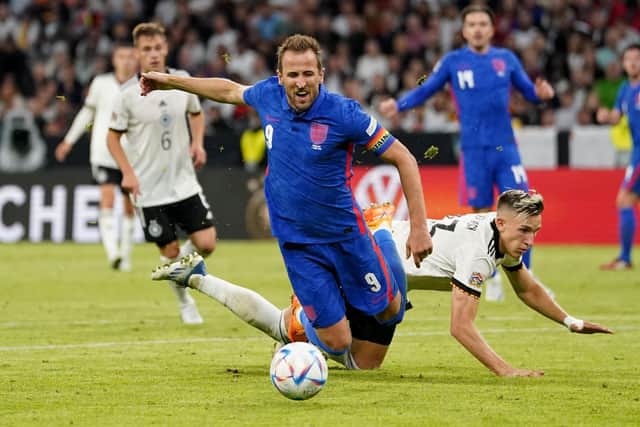 England's Harry Kane (left) is fouled by Germany's Nico Schlotterbeck resulting in a penalty after a VAR review during the UEFA Nations League in Munich . Picture: Nick Potts/PA