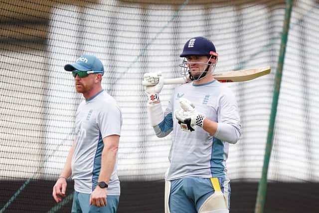 England's Alex Lees with Paul Collingwood (left) during a nets session at Trent Bridge Picture: Mike Egerton/PA