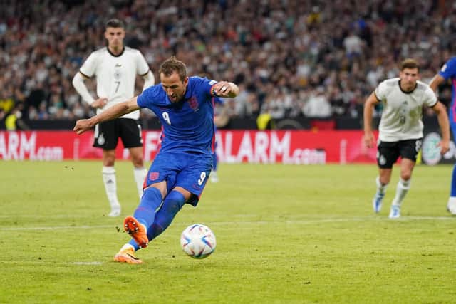 England's Harry Kane scores the equaliser from the penalty spot against Germany during the UEFA Nations League match at the Allianz Arena in Munich Picture: Nick Potts/PA