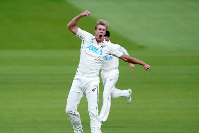 GOT HIM: New Zealand's Kyle Jamieson celebrates the wicket of England's Joe Root during day four of the first Test match at Lord's Picture: Adam Davy/PA