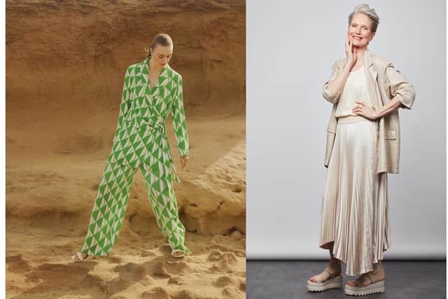 CO-ORDS AND SHINE: Left: Printed co-ords are a major summer trend, and this loose and fluid suit, with wide-leg trousers and long wrap jacket, is a great alternative to boxier styles. The jacket is £70 and the trousers £40 at River Island. Right: Metallics and sequins are bringing a touch of luxury to summer '22. Asymmetric pleat skirt in Champagne, £120; glazed linen oversized blazer, £135; sequin vest, £95. All ffom Hope Fashion at hopefashion.co.uk.
