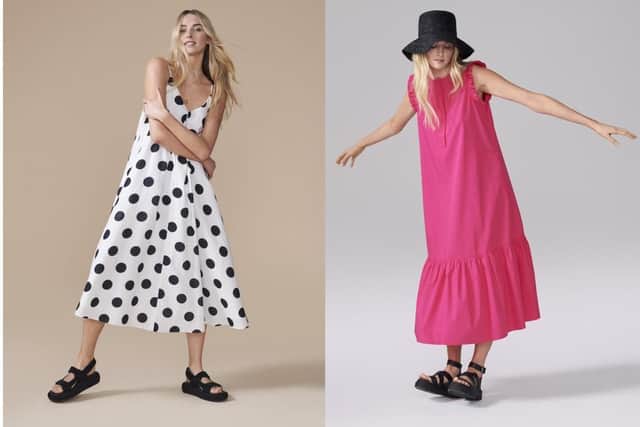 TRAPEZE SHAPES AND BLOCK COLOUR: Left: A-line and trapeze shapes are an easy, breezy way to wear the summer's all-important volume style, and polka-dots of all sizes are on point. Linen-rich ivory and black spot trapeze slip dress, £39.50 at Marks & Spencer. Right: Combining bold colour (especially fuchsia pink) and ruffles, this smock-style dress is the look of summer. It's coming to Marks & Spancer in July.