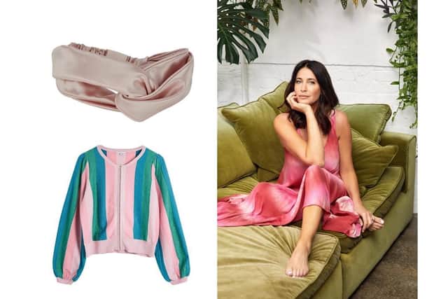 SLIPS, HAIRBANDS AND 90s RETRO: Left: Lisa Snowdon wear a pink tie-dye maxi slip dress, £39, from her own collection for Kaleidoscope. Silk headband, £38.99 at TK Maxx. Cardigan, £59.50, next month, from Oliver Bonas.