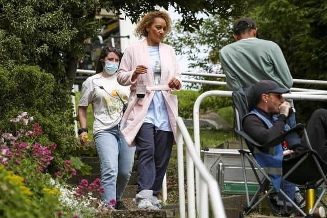 Ex Coronation Street actress Tupele Dorgu during filming for The Full Monty Disney+ TV series in Gleadless Valley, Sheffield (pic: Matthew Lofthouse / SWNS)
