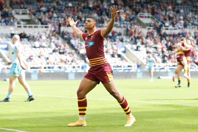 Will Pryce celebrates a try at the 2021 Magic Weekend. (Picture: SWPix.com)