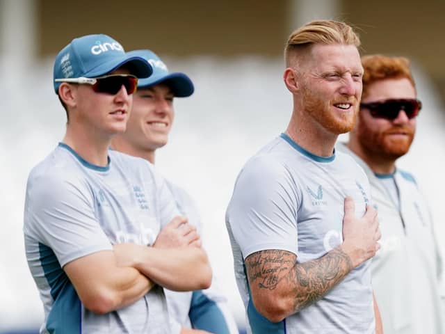 England's Ben Stokes (centre) during a nets session at Trent Bridge. Picture: PA.