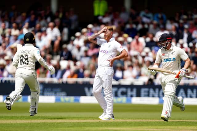 England's captain Ben Stokes shoiws his frustration as New Zealand's Devon Conway, (left) and Henry Nicholls run between the wickets on day one at Trent Bridge Picture: Mike Egerton/PA