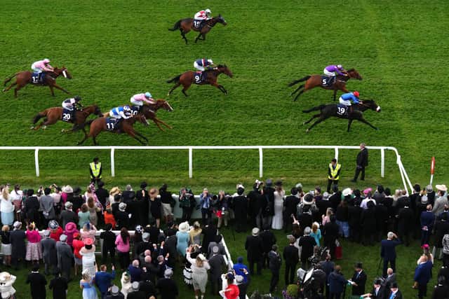 Tees Spirit ridden by Barry McHugh (bottom right) wins The Simpex Express 'Dash' Handicap on Derby Day during the Cazoo Derby Festival 2022 at Epsom (Picture: John Walton/PA Wire)