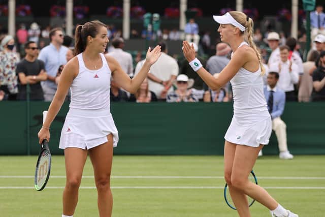 Jodie Burrage of Great Britain (L) playing with Naomi Broady of Great Britain (R) during the Ladies' Doubles First Round match with Viktoria Kuzmova of Slovenia and Arantxa Rus of Netherlands against during Day Four of The Championships - Wimbledon 2021. (Picture: Clive Brunskill/Getty Images)