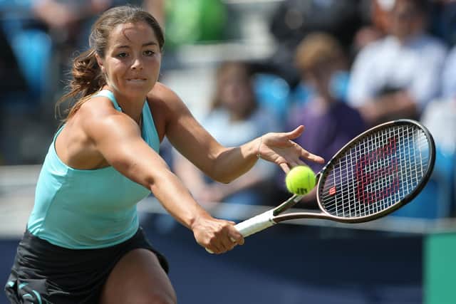 Jodie Burrage of Great Britain plays a backhand against Alison Van Uytvanck of Belgium during the Women's Singles semi-final at Surbiton Racket & Fitness Club on June 04 (Picture: Steve Bardens/Getty Images)