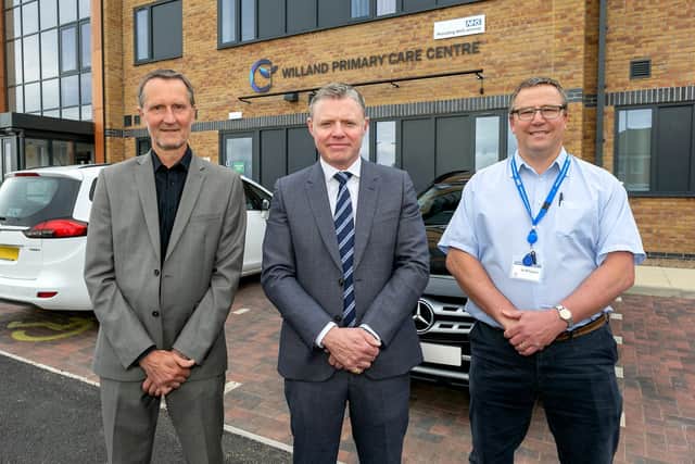 Pictured outside the Willand Primary Care Centre are (from left) Richard Dodson, of
the NHS East Riding of Yorkshire CCG, Philip Lovel of Lovel Developments and
Richard Taylor, a partner GP at the new centre.