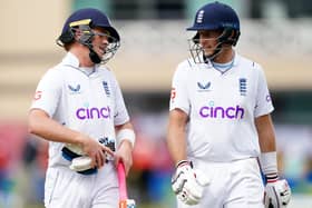 England centurions Joe Root and Ollie Pope (left) during day three of the Second LV= Insurance Test Series match at Trent Bridge (Picture: PA)