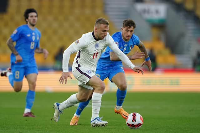 England's Jarrod Bowen (left) and Italy's Salvatore Esposito battle for the ball during the UEFA Nations League match at Molineux Picture: Zac Goodwin/PA