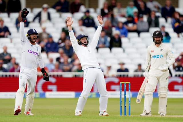 England fielders unsuccesfully appeal for the wicket of New Zealand's Tom Blundell. Picture: PA.