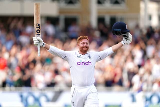 SUPERB: England's Jonny Bairstow celebrates his century after getting 102 runs from 77 balls during day five at Trent Bridge Picture: Mike Egerton/PA