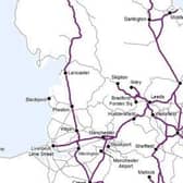 The Network Rail map showing the extent of planned closures of rail lines in Yorkshire next week on strike days. The purple lines indicate open lines and the grey those closed to passenger services.